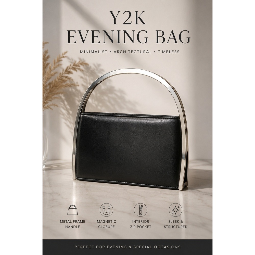Y2K Black Structured Evening Bag Silver Metal Frame Handle Minimalist Purse Prom